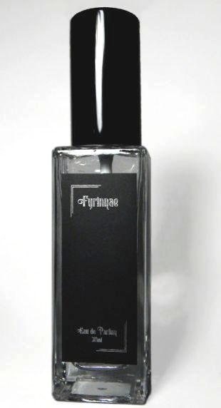 A rectangular clear glass bottle with a black label and black cap.