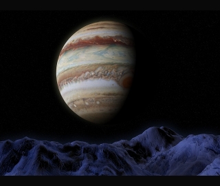A fantasy art picture of Jupiter seen from one of its moons